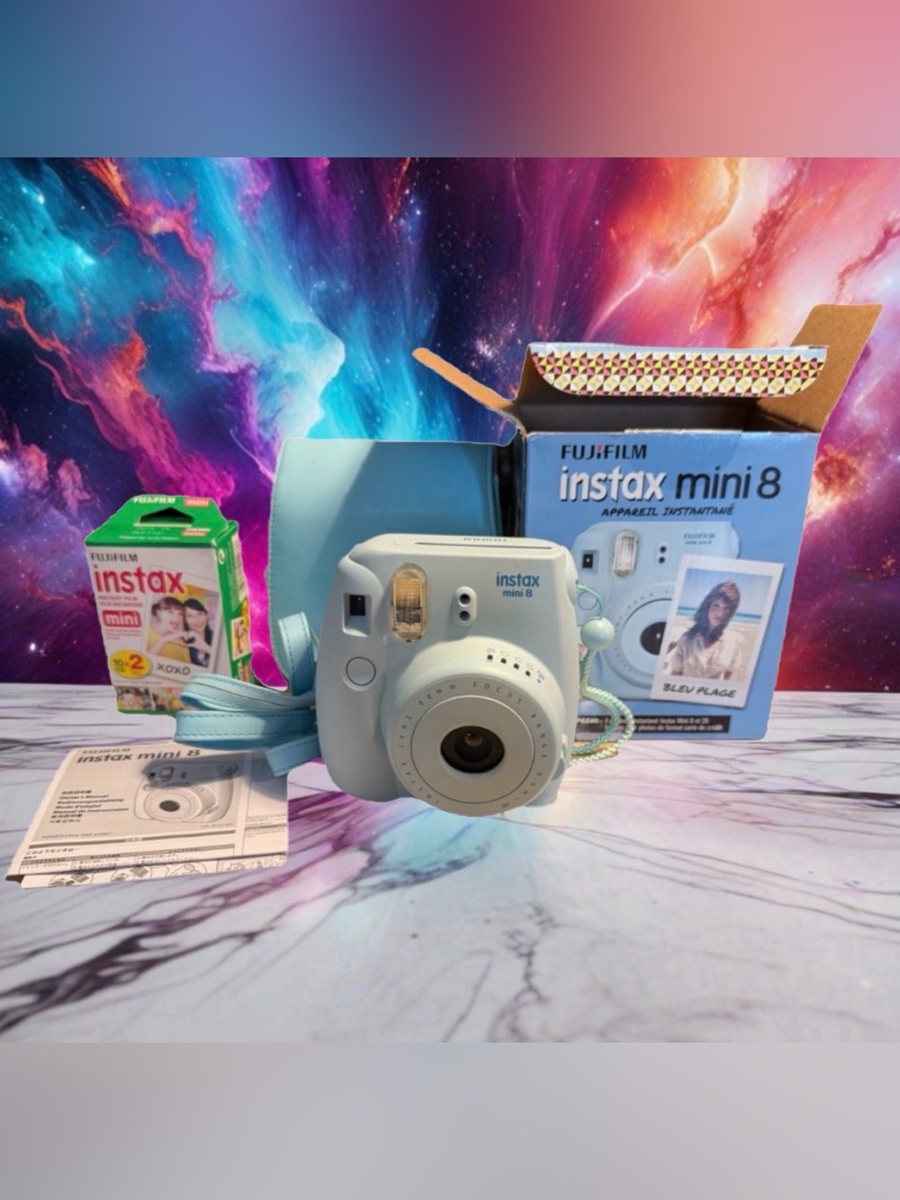 Fujifilm Instax Mini 8 Camera Case and 2 Unused Films Blue With Box And Manuals!